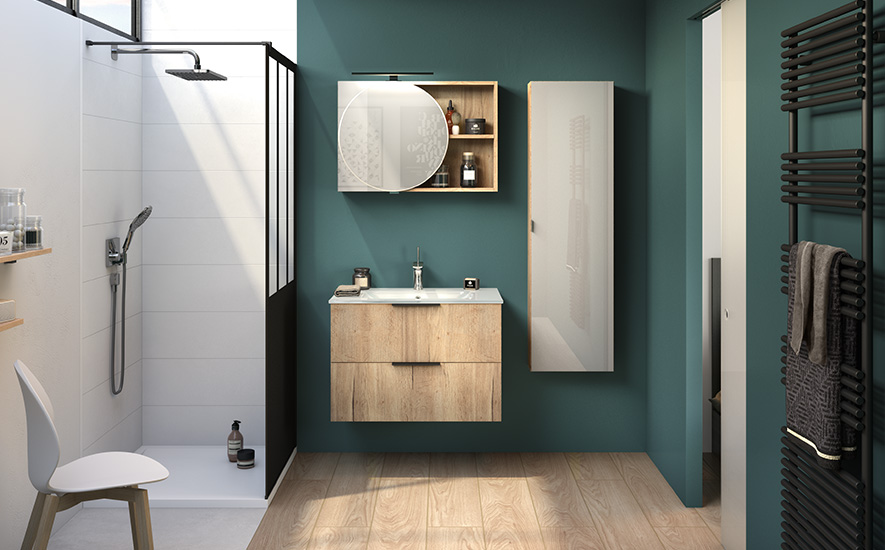 Renovated bathroom with walk-in shower and vanity unit