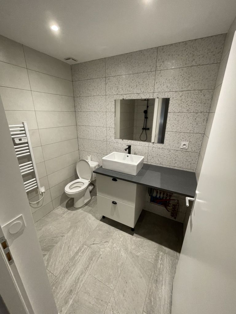 Salle de bains grise avec meuble vasque et miroir