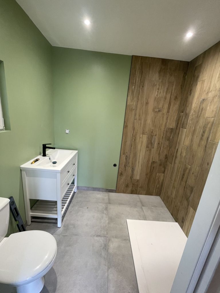 Salle de bains aux murs verts et panneaux effet bois